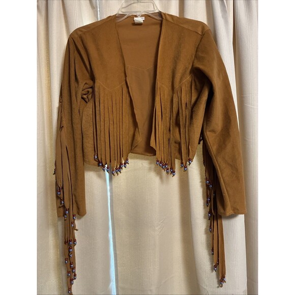 Vtg Fredericks of Hollywood Long Sleeve Open Front Fringe Beads Brown L Jacket - Picture 1 of 5